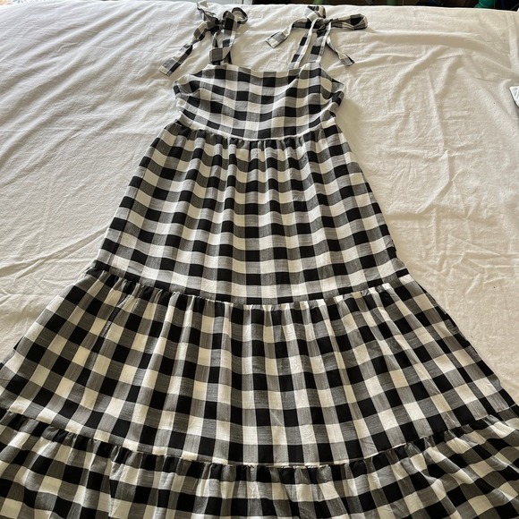 Dresses & Skirts - Gingham Tiered Maxi Dress Black White Tie Shoulder Smocked Back M Cottagecore